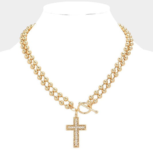 Chunky Gold Beaded Toggle Necklace Crystal Cross Pendant Statement Jewelry