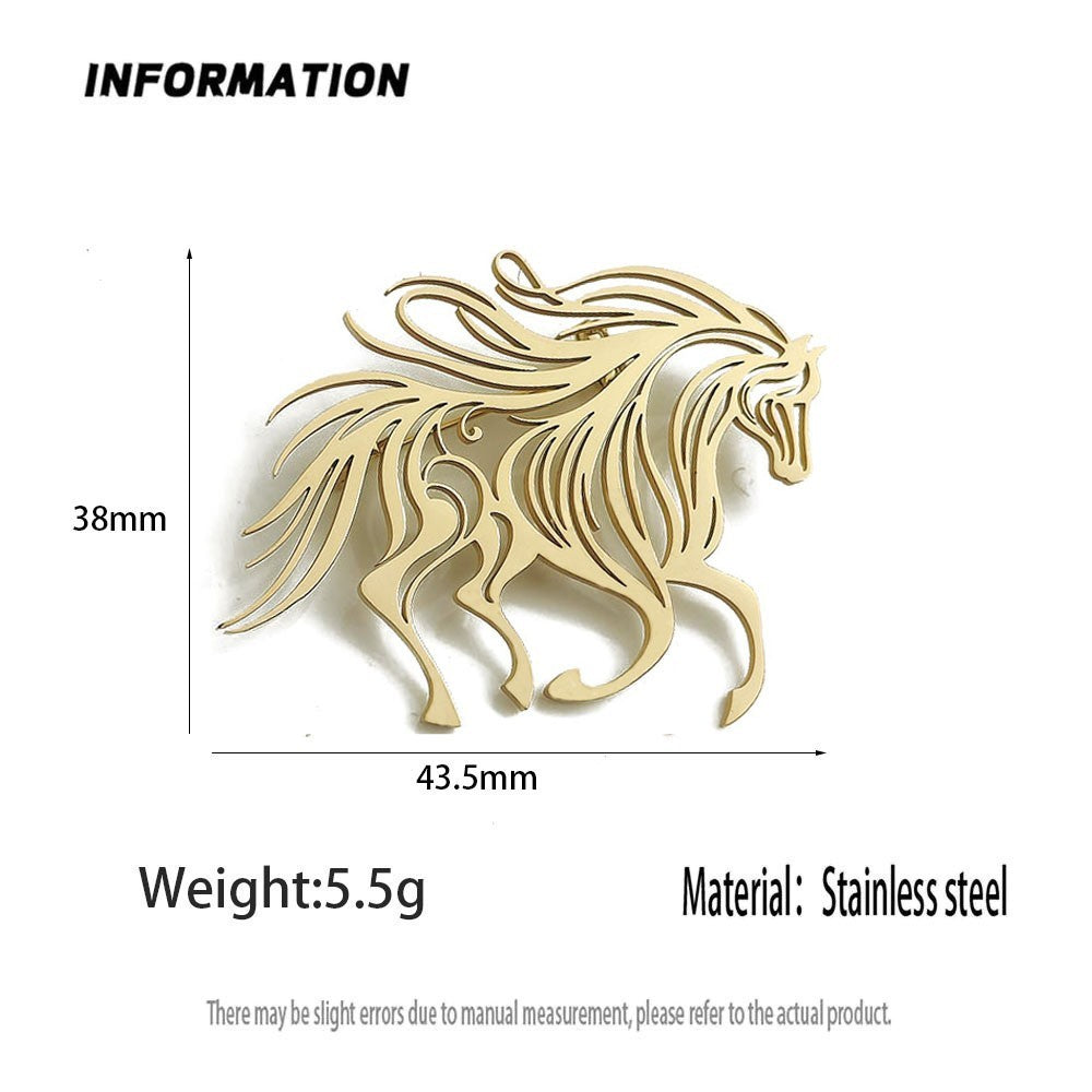 Gold Running Horse Stainless Steel Brooch Pin Equestrian Animal Jewelry Gift
