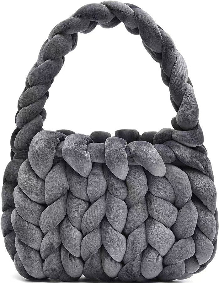 Chunky Braided Velvet Handbag Gray Knit Knot Cloud Bag Plush Soft Women's Tote