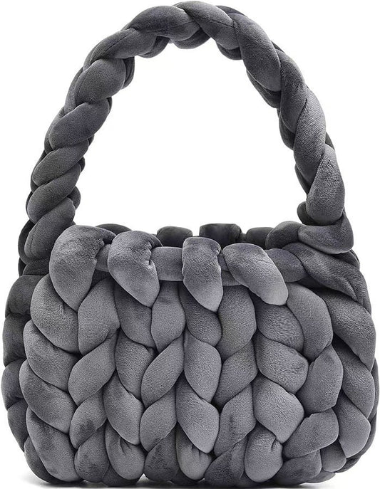Chunky Braided Velvet Handbag Gray Knit Knot Cloud Bag Plush Soft Women's Tote
