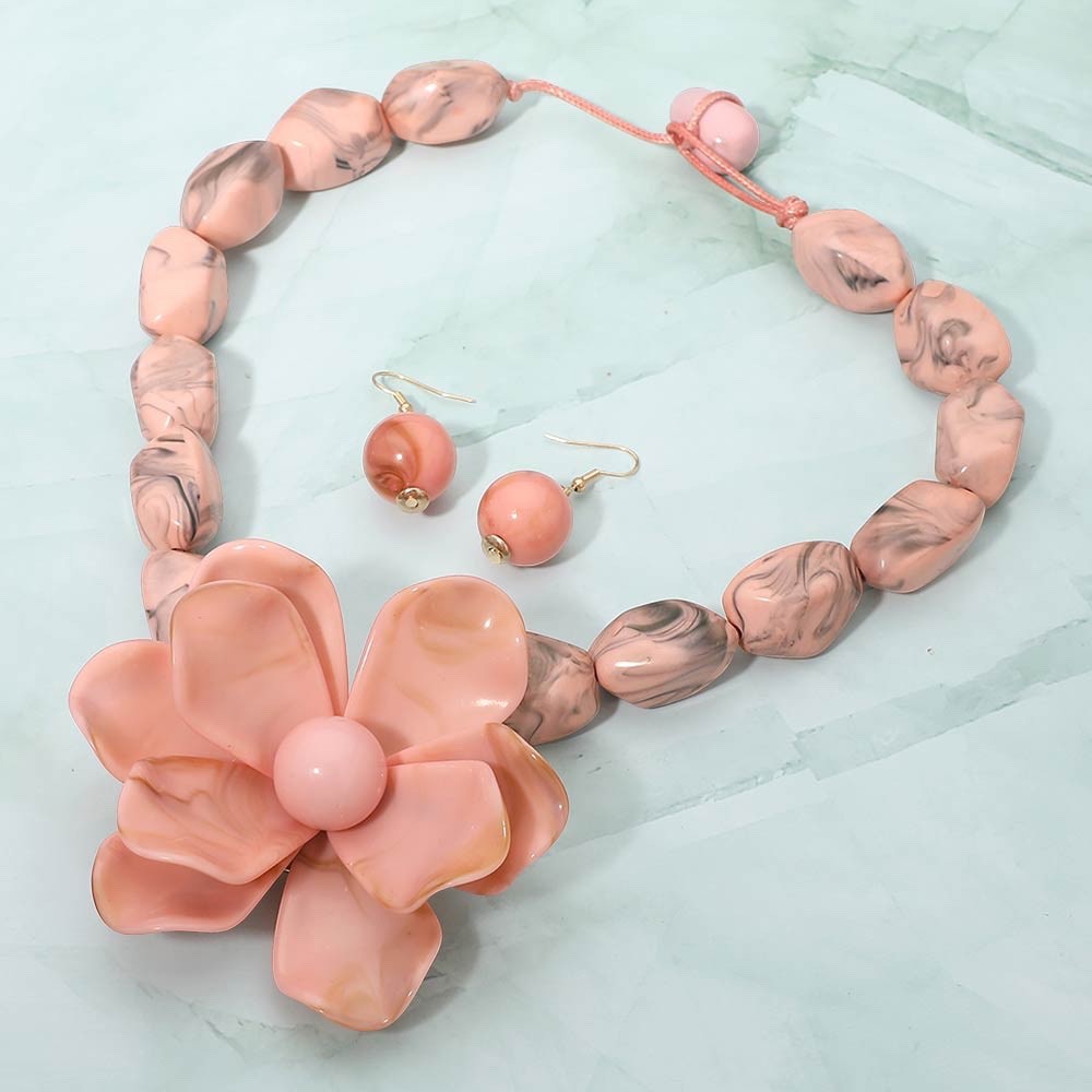 2pcs Pink Marble Resin Floral Statement Necklace & Round Ball Drop Earrings Set