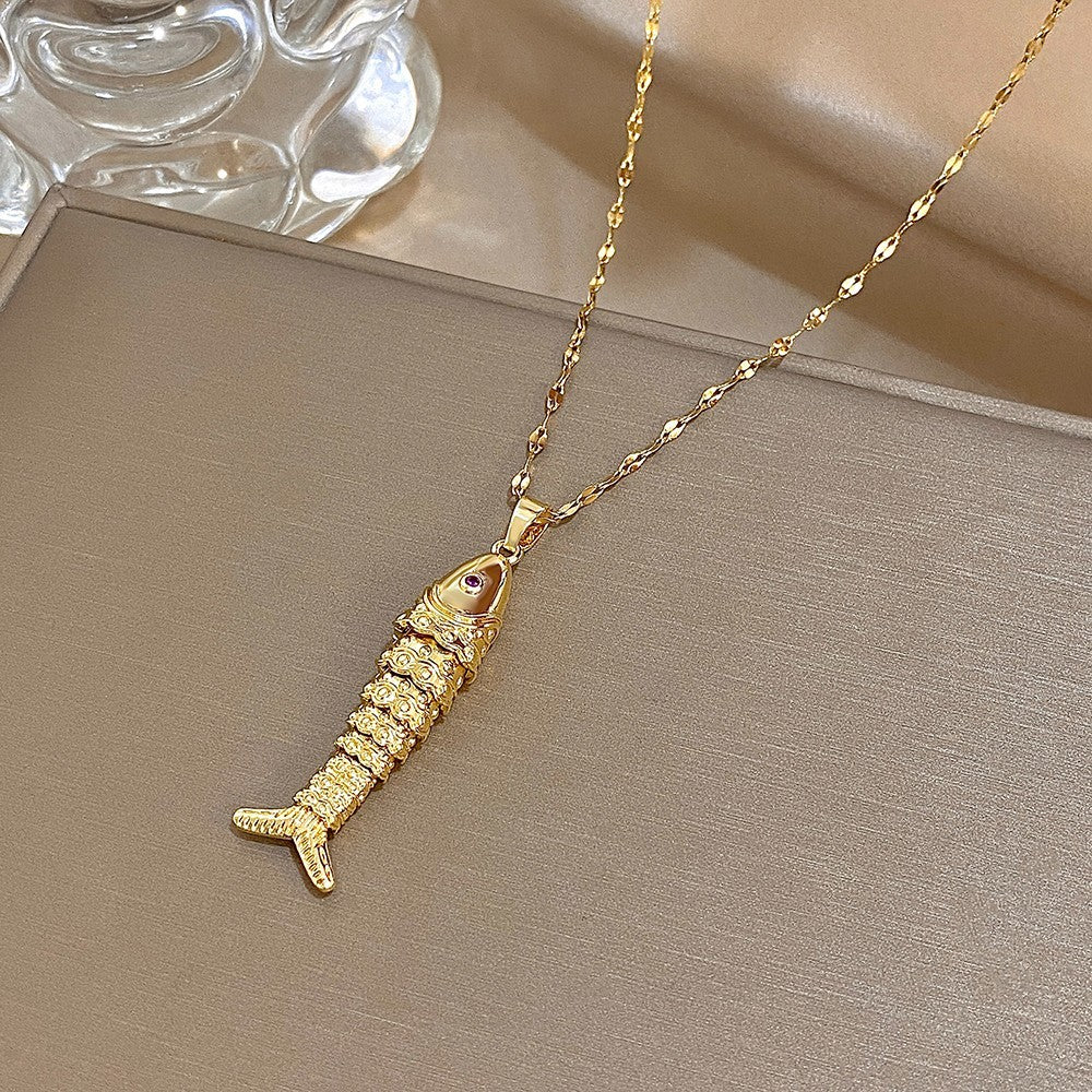 Gold Fish Pendant Necklace Textured Scale Dainty Red Eye Charm Chain Jewelry Gif
