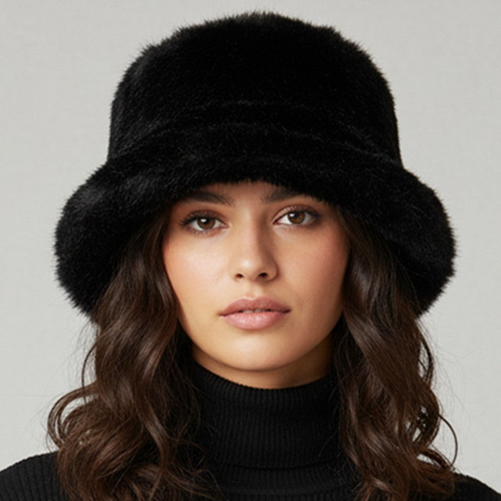 Black Faux Fur Bucket Hat Winter Wide Brim Cozy Plush Unisex One Size Warm
