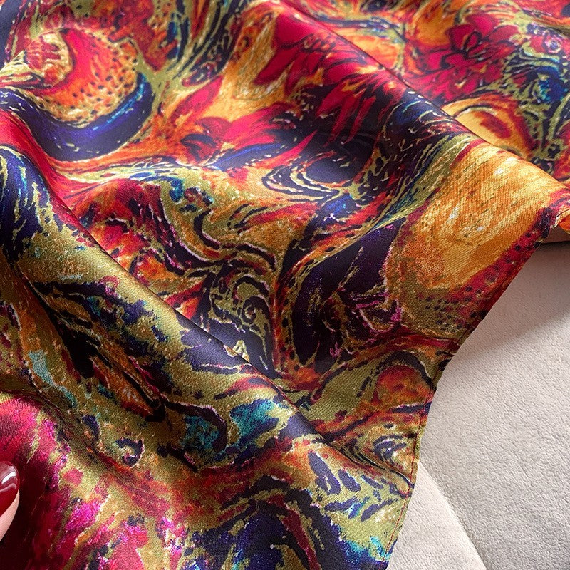 Luxury Red Abstract Art Scarf Silk-Feel Large Satin Shawl Oil Painting Print