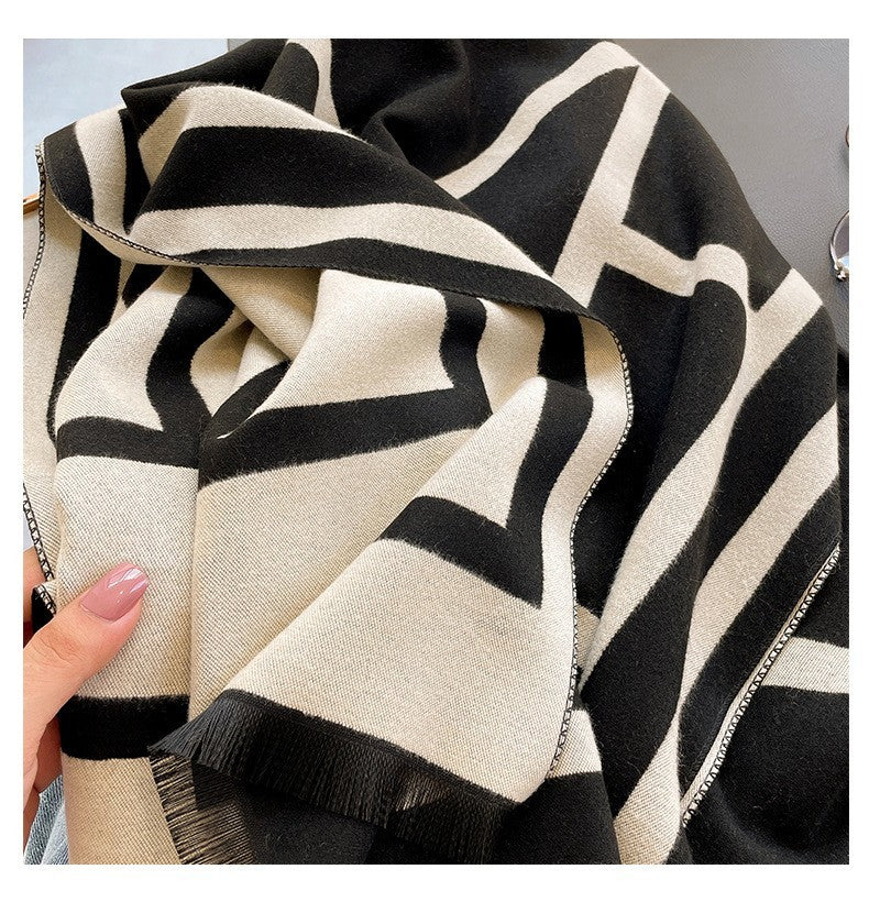 Luxury Geometric Black Beige Knit Scarf Shawl Wrap Modern Abstract Winter Warm