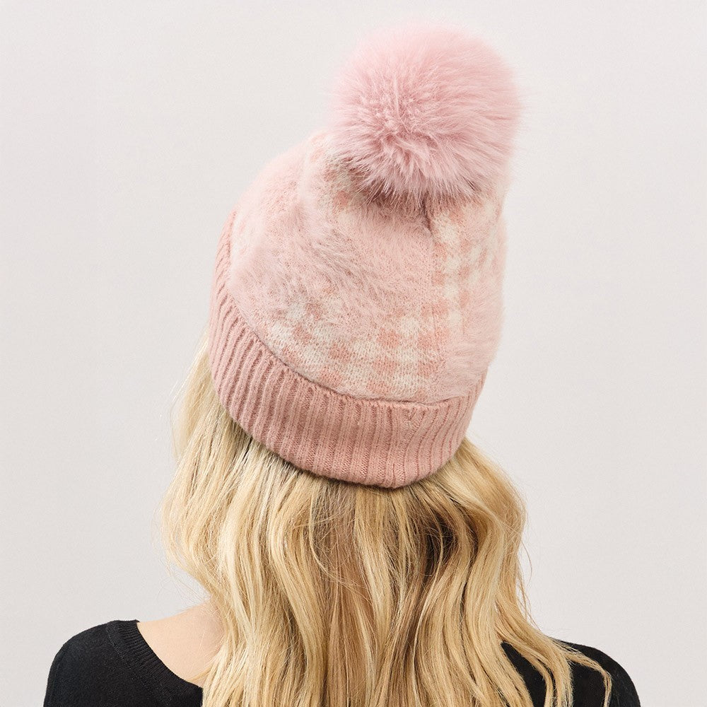 Women's Winter Beanie Hat One Size Pink Plaid Pattern Faux Fur Pom Pom Accent