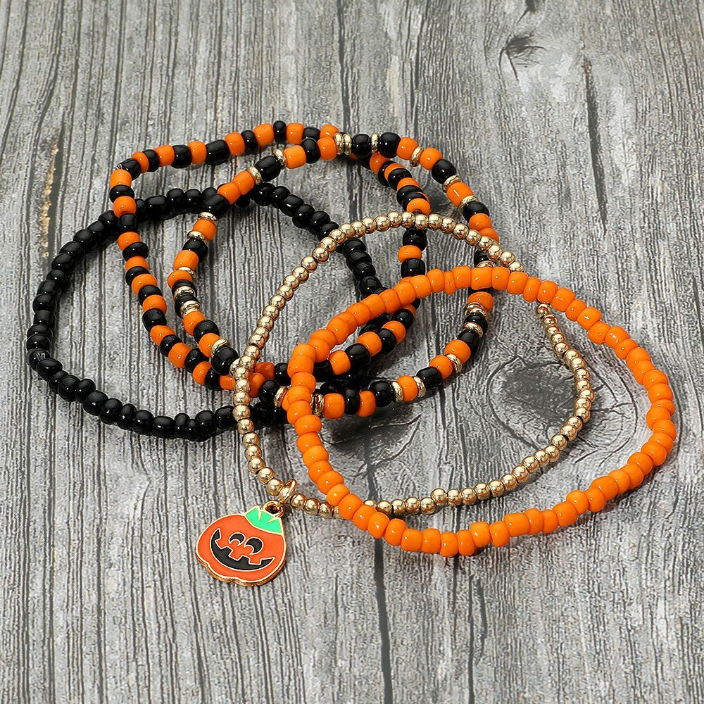 Halloween Pumpkin Charm Beaded Stretch Multi Layer Bracelet Set – 5 Piece