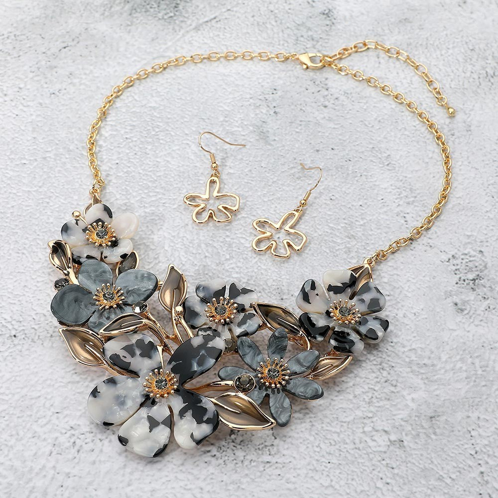 Floral Bib Statement Necklace Set Gray White Marble Petal Gold Tone Earrings