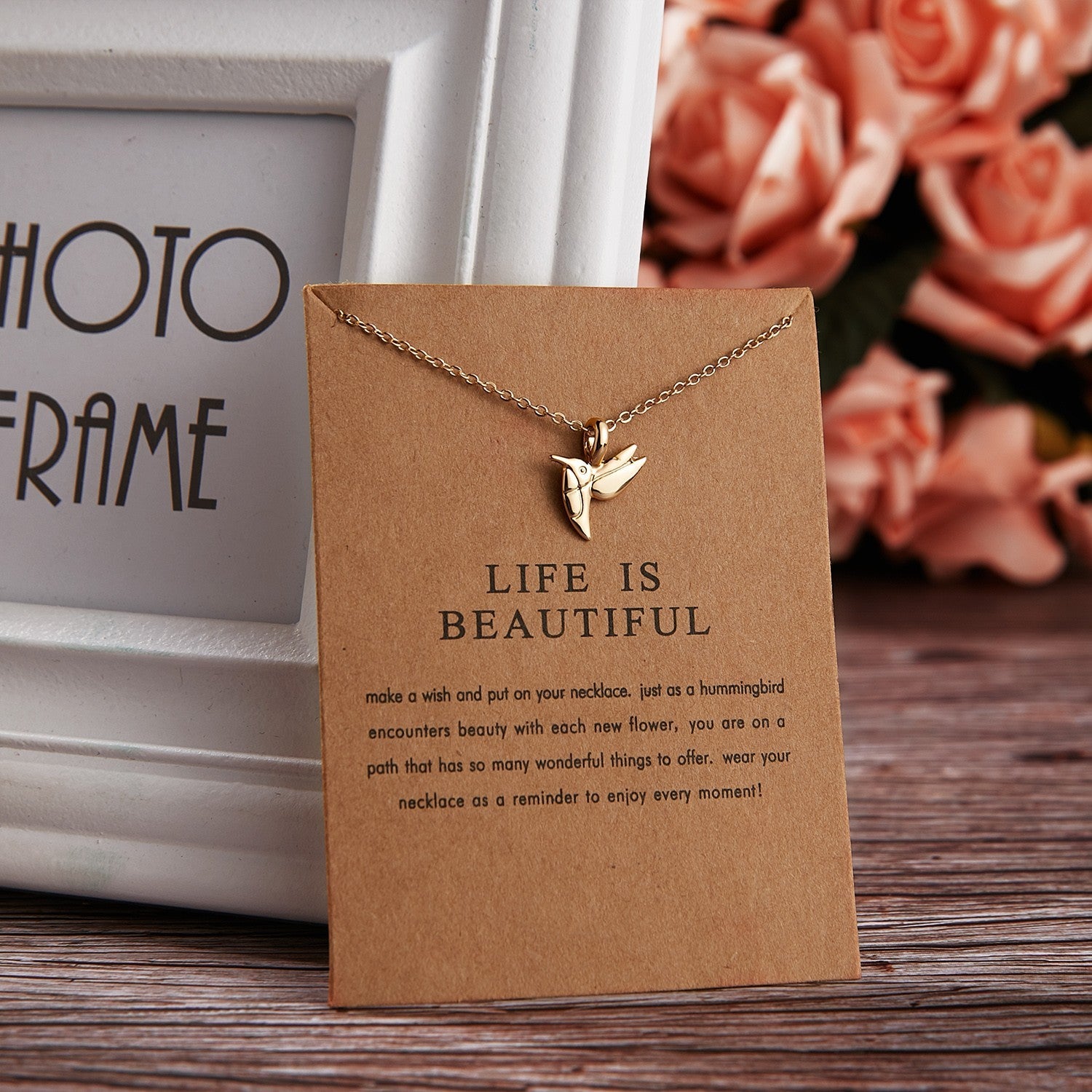 Gold Hummingbird Necklace 'Life is Beautiful' Pendant Charm Gift for Women Girls