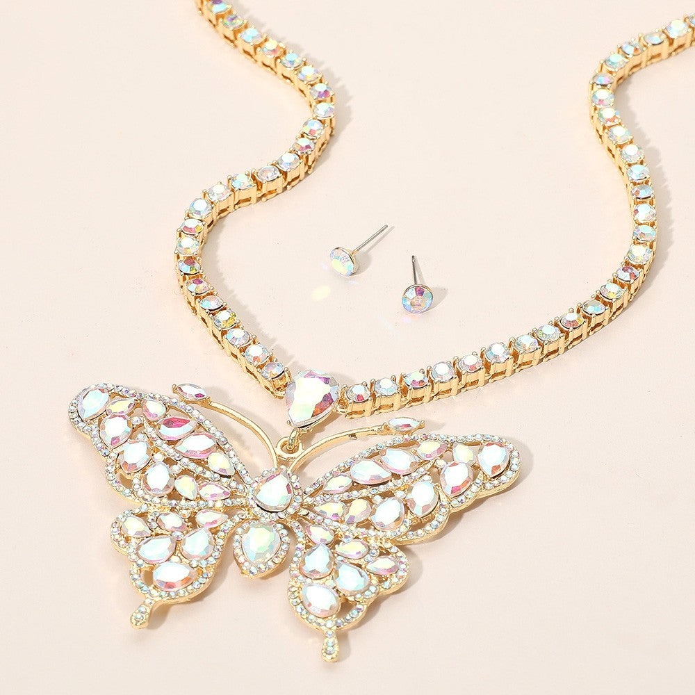 White Rhinestone Butterfly Pendant Tennis Chain Evening Necklace for Women