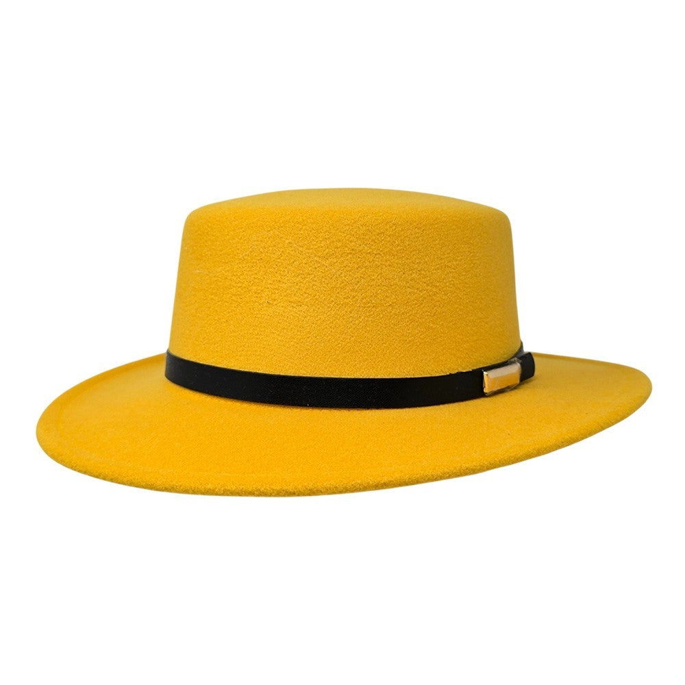 Sunshine Yellow Flat Top Fedora Hat Wide Brim Cotton Blend Bowler Style