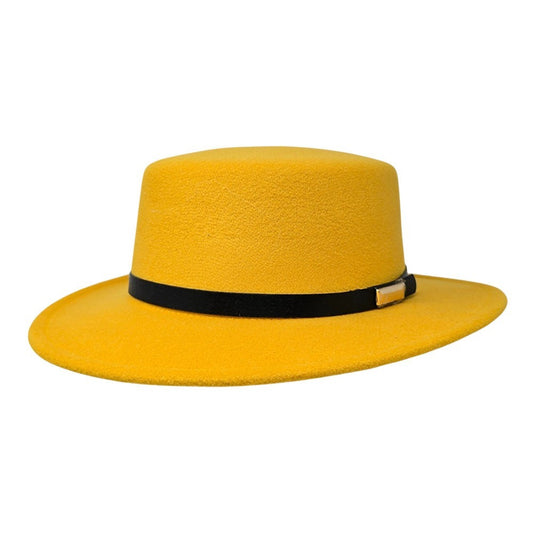 Sunshine Yellow Flat Top Fedora Hat Wide Brim Cotton Blend Bowler Style