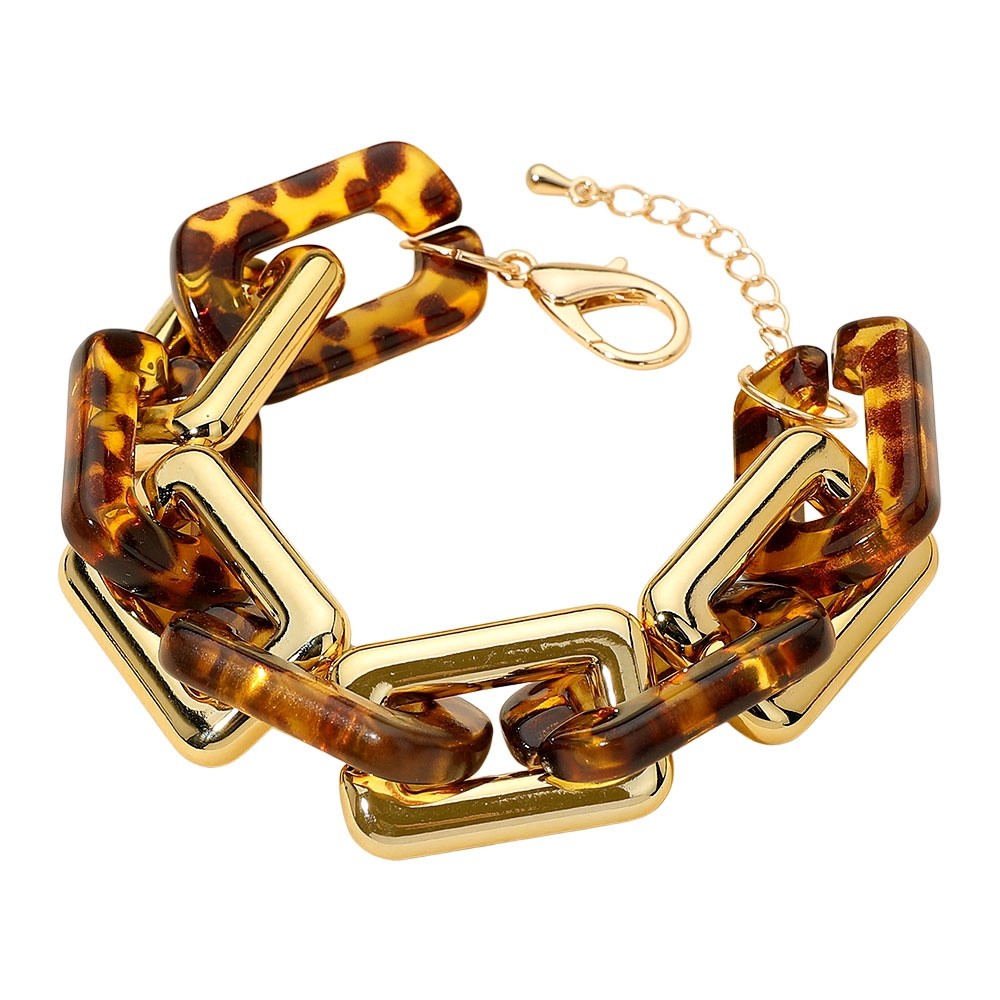 Bold Gold and Tortoise Acrylic Resin Chunky Rectangular Link Chain Bracelet