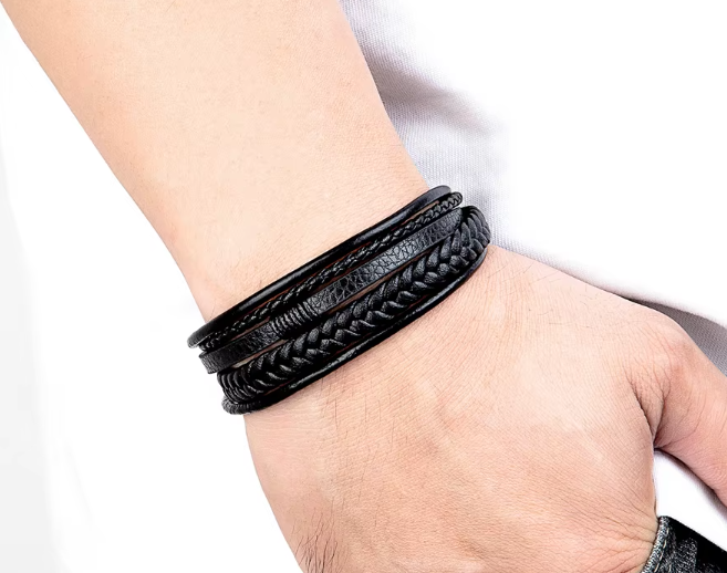 Stainless Steel Multilayered Leather Bracelet for Men Black High Quality Jewelry