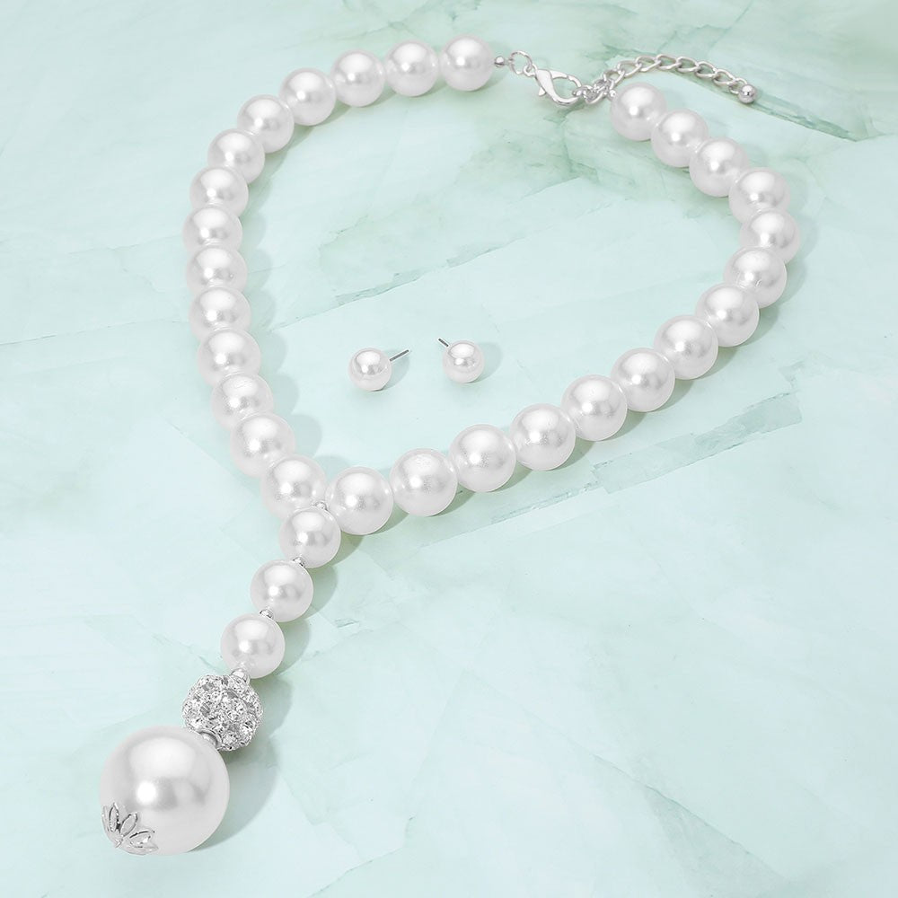 Classic Bold Pearl Beaded Y Shape Statement Necklace and Stud Earrings Set White