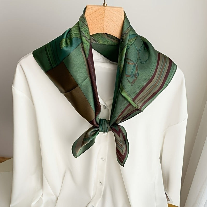 Silky Satin Equestrian Scarf Green Burgundy Horse Print Square Fashion Women