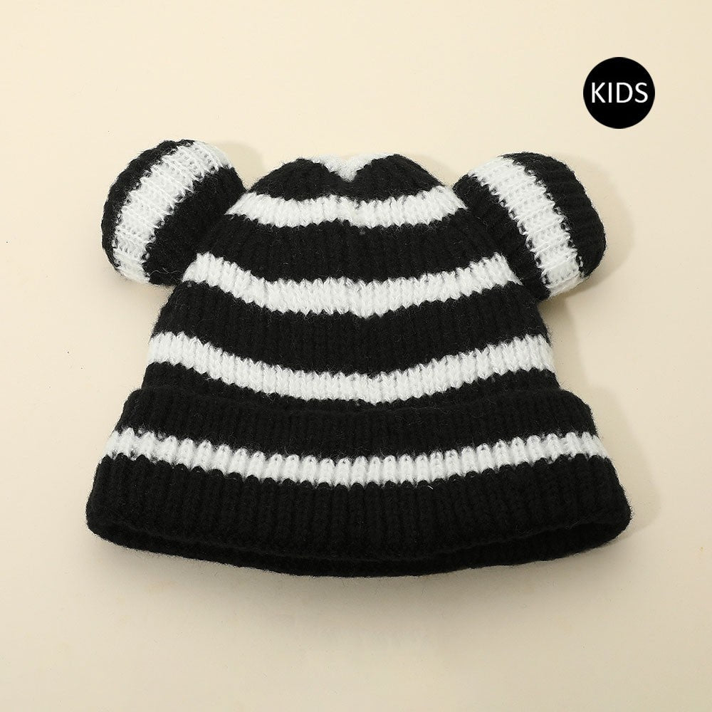 2-Pack Kids Striped Bear Ears Beanie Hats Set | Black/White & Beige/Black Sets