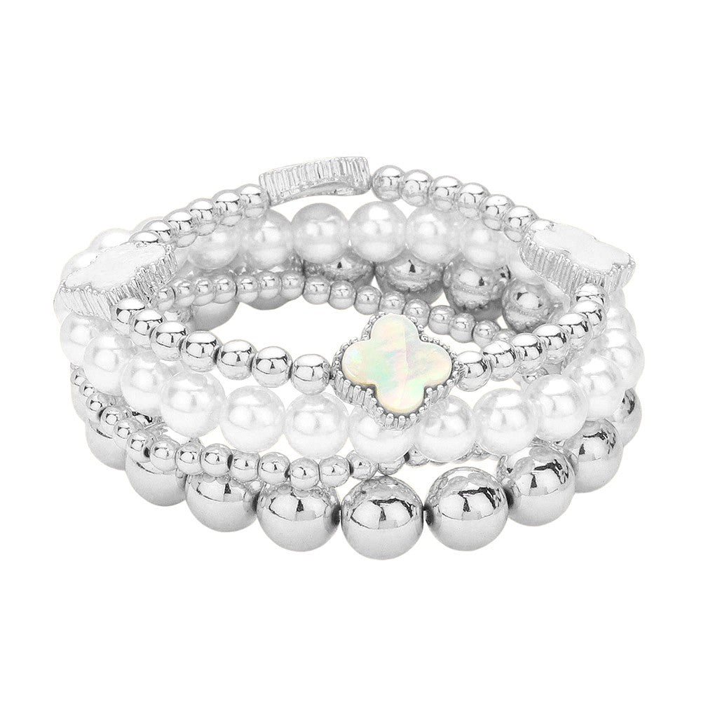 4PCS Quatrefoil Pointed Metal Ball Pearl Beaded Stretch Multi-Layer Bracelets