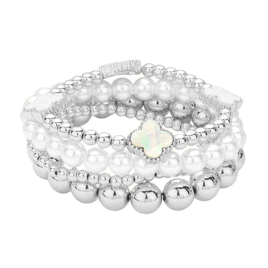 4PCS Quatrefoil Pointed Metal Ball Pearl Beaded Stretch Multi-Layer Bracelets