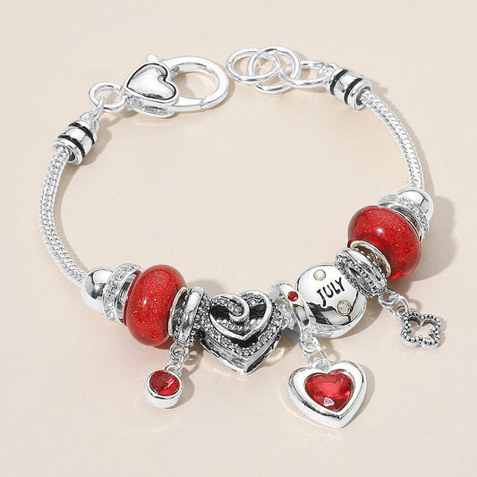 July Birthstone Bracelet Red Beaded Heart Charm Stretch Jewelry Gift for Women