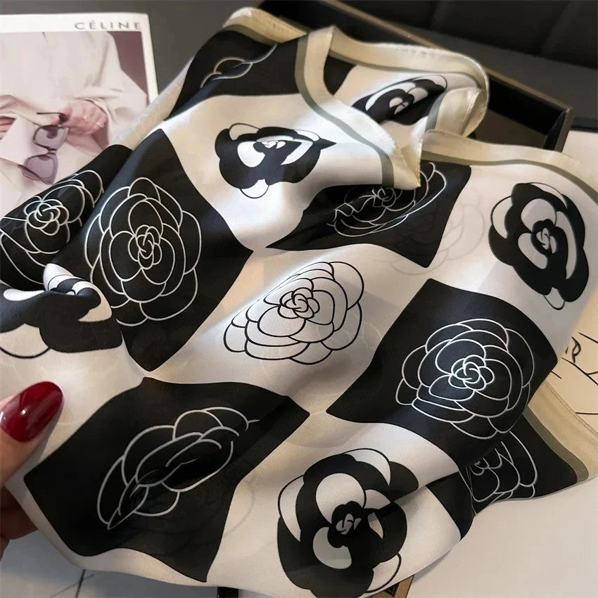 Luxury B&W Rose Print Square Scarf Satin Silk Feeling Elegant Hair Bag Accessory