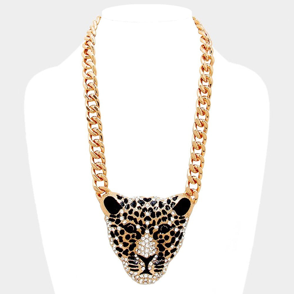 Bold Gold Chain Leopard Head Statement Necklace Animal Pendant Jewelry