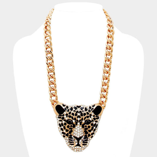 Bold Gold Chain Leopard Head Statement Necklace Animal Pendant Jewelry