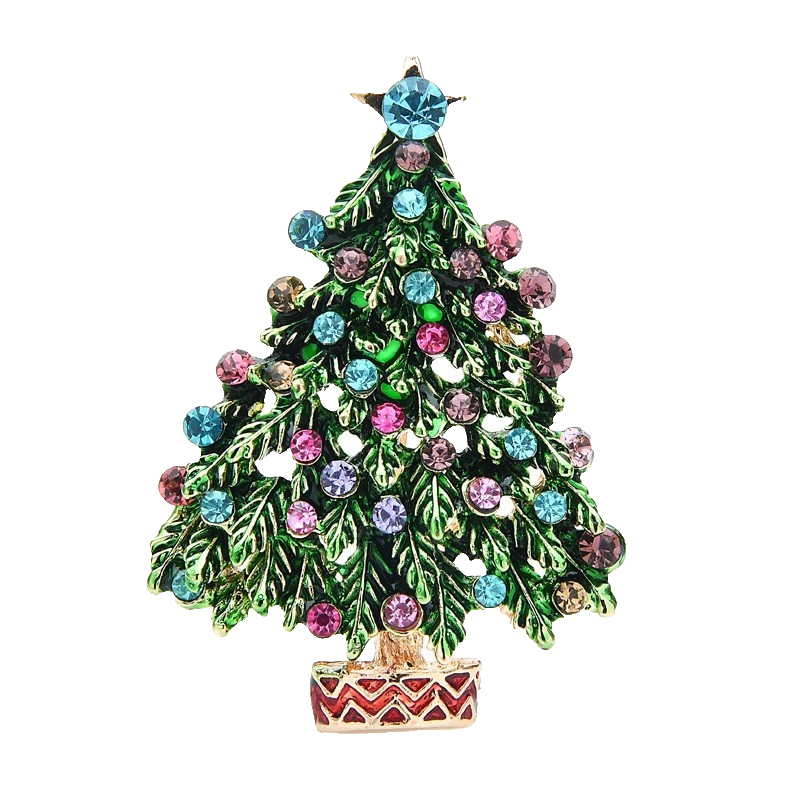 Christmas Tree Brooch Rhinestone Enamel Gold Tone Festive Holiday Pin Jewelry