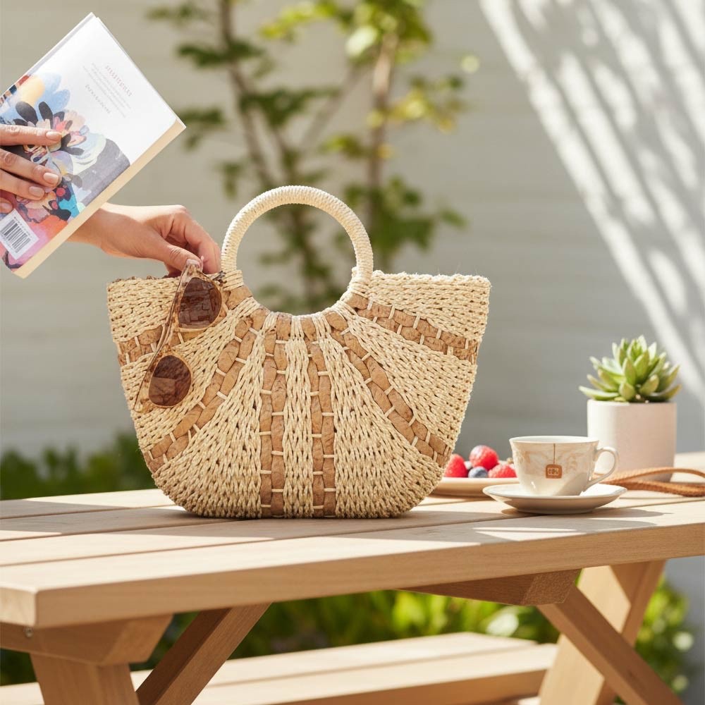 Natural Woven Straw Handbag Two-Tone Summer Beach Tote Boho Top Handle Purse