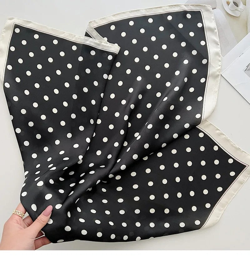 2pcs Polka Dot Silk Feel Square Neck Scarf Yellow Black Hair Head Wrap Set