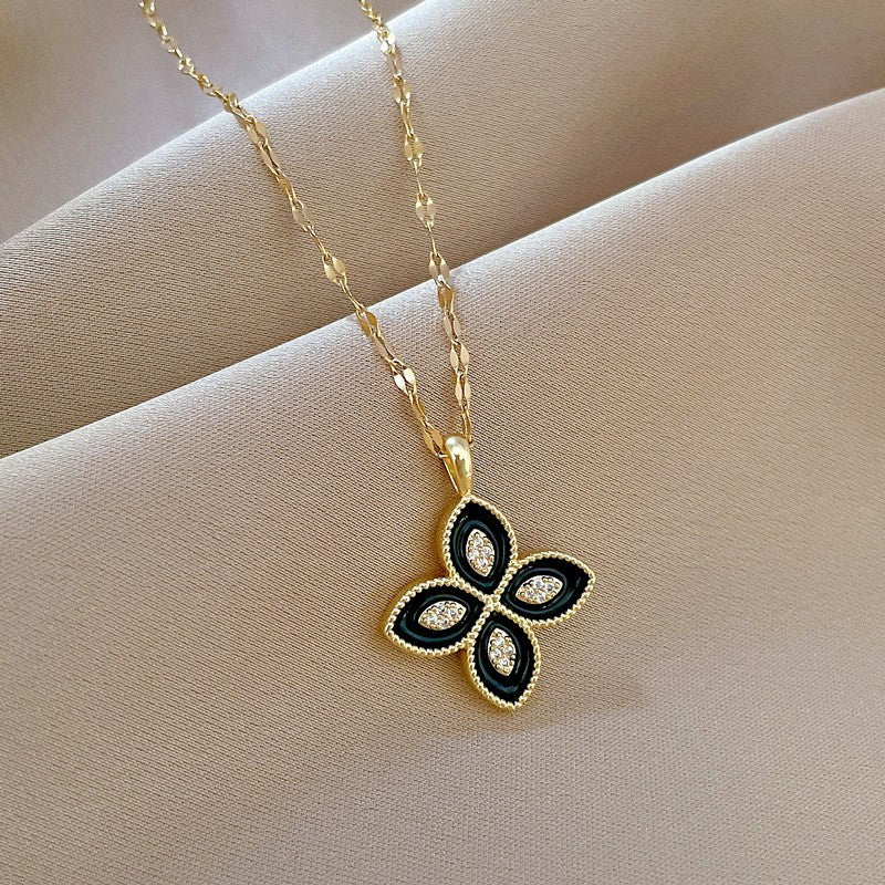 Black Enamel Clover Necklace Marquise Pave CZ Charm Gold Paperclip Chain 16"-18"