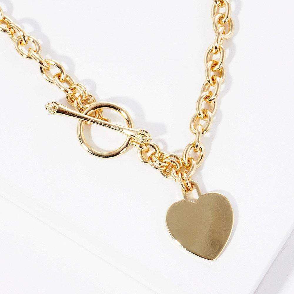 Gold Heart Pendant Toggle Necklace 18" Chunky Link Chain Fashion Jewelry