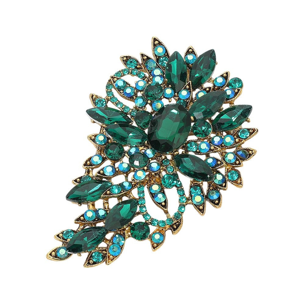 Large Emerald Green Crystal Rhinestone Teardrop Floral Statement Brooch Pin