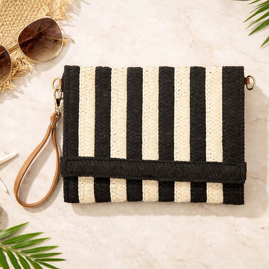 Black and White Striped Woven Straw Clutch Bag with Detachable Crossbody Strap