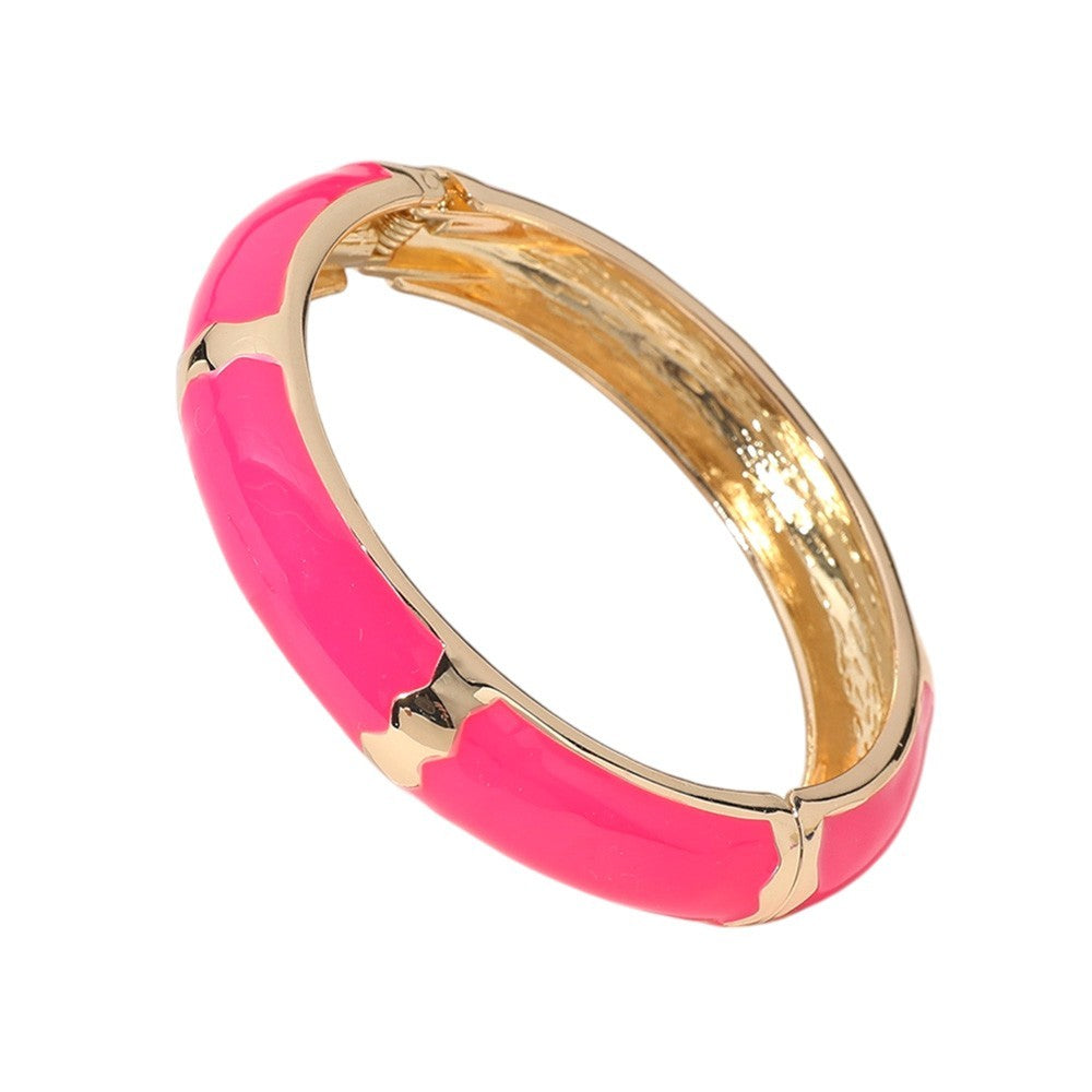 Gold Plated Enamel Hinged Bangle Bracelet Pink Fashion Jewelry for Women