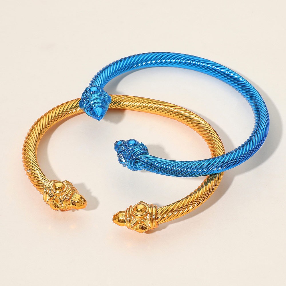 2PCS Metal Twisted Cuff Bracelets Gold and Blue Adjustable Bangle Set
