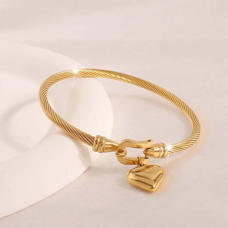 Stainless Steel Gold Color Heart Pendant Bracelet for Women Men Waterproof Charm