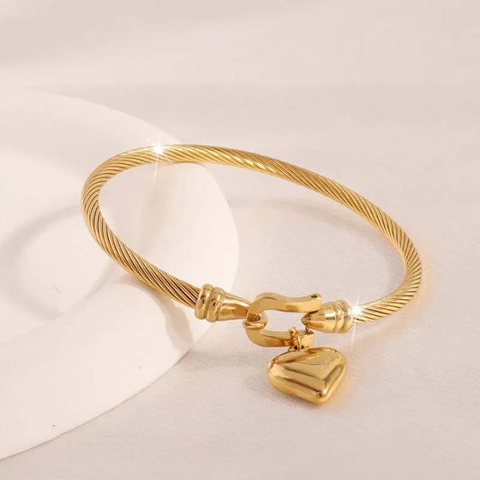 Stainless Steel Gold Color Heart Pendant Bracelet for Women Men Waterproof Charm