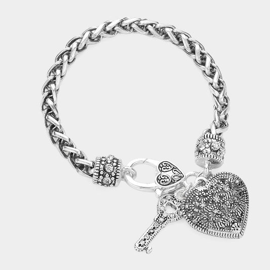 Silver Tone Heart Key Charm Wheat Chain Bracelet Rhinestone Filigree Jewelry