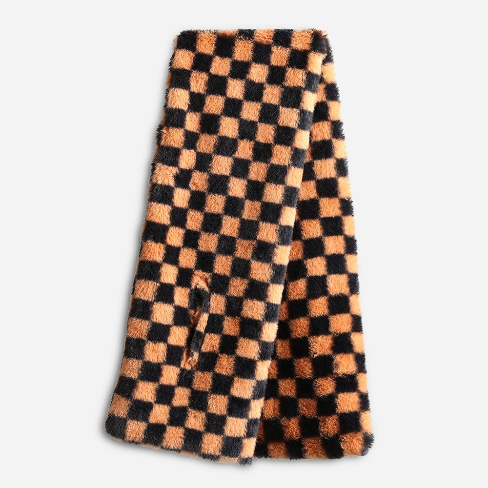 Faux Fur Plush Checkeredboard Pull Through Cowl Scarf for Women Brown 6" X 35"