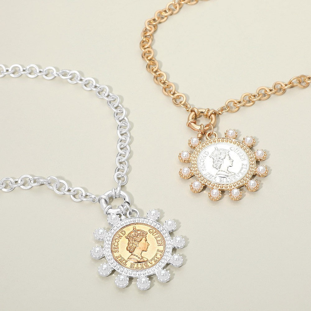 Gold Tone Bold Faux Pearl Decorative Coin Pendant Necklace with Round Link Chain