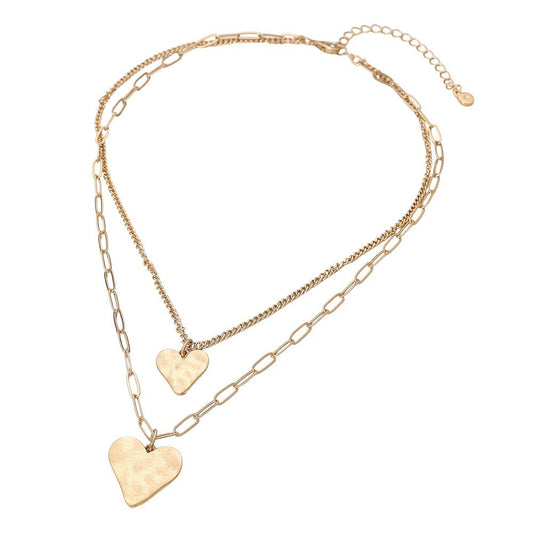 2-Strand Gold Tone Hammered Metal Heart Pendant Necklace Adjustable with Lobster