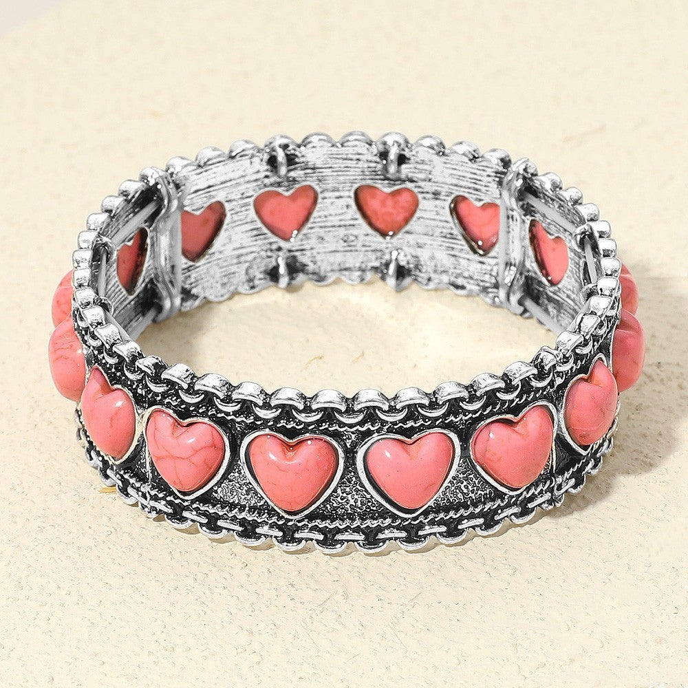 Antique Metal Boho Heart Stone Accent Stretch Bracelet Women’s Vintage Jewelry
