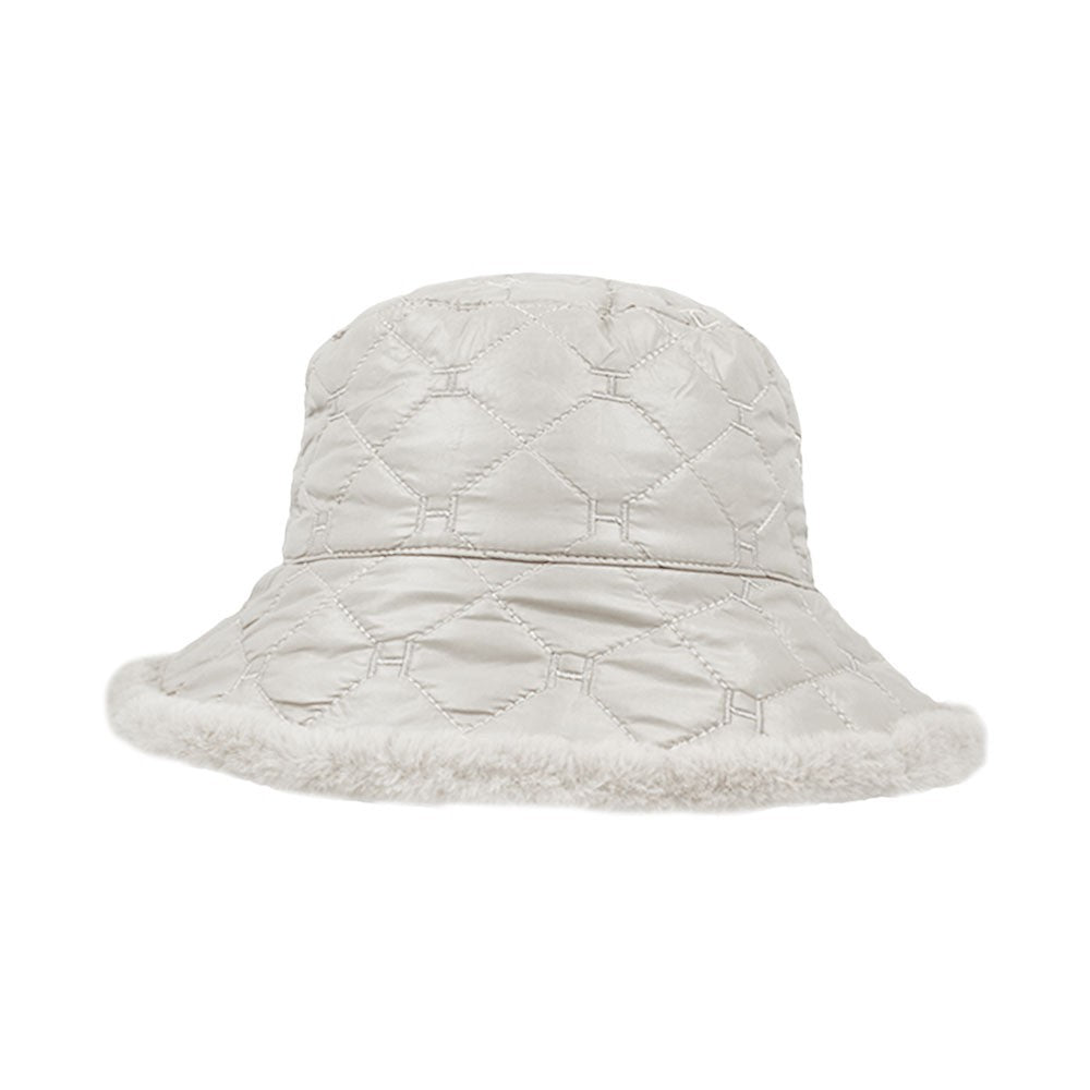 Quilted Winter Bucket Hat Faux Fur Trim Women's Warm Outdoors Cap White