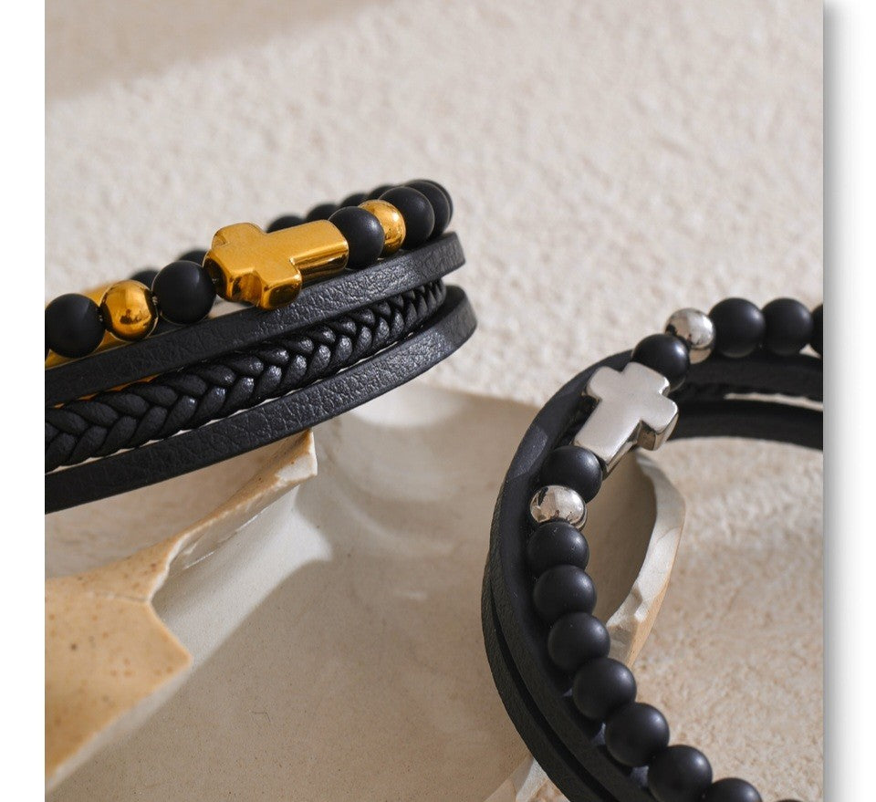 2PCS Black Leather Beaded Cross Bracelet Set Gold Silver Tone Stainless Steel