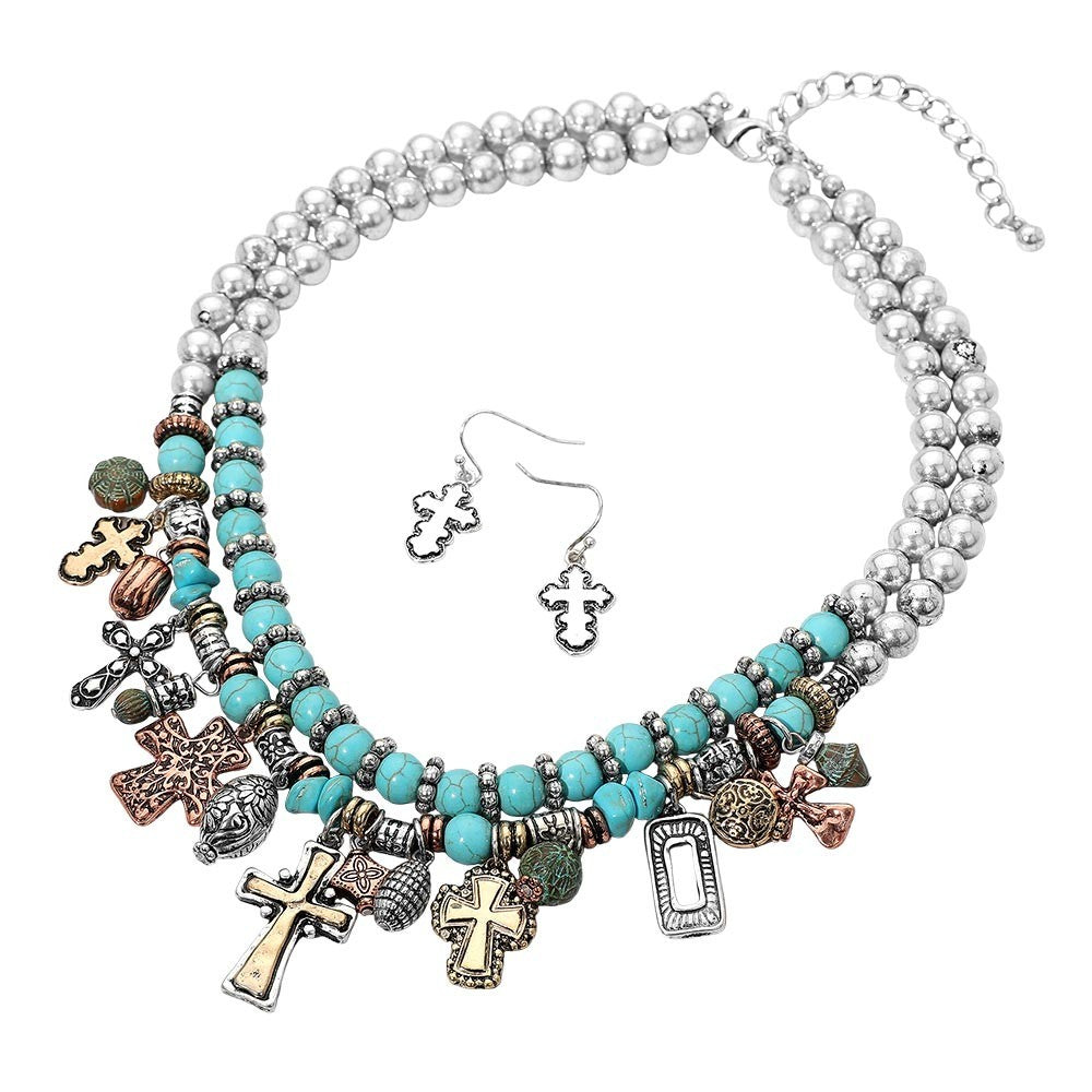 Layered Silver Turquoise Cross Necklace and Earrings Western Set for Women