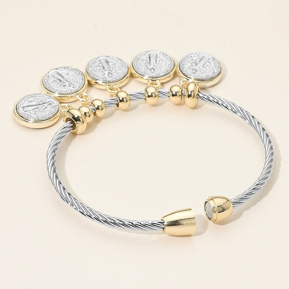 Religious Charm Bangle Bracelet Two-Tone Steel Cable Magnetic Closure