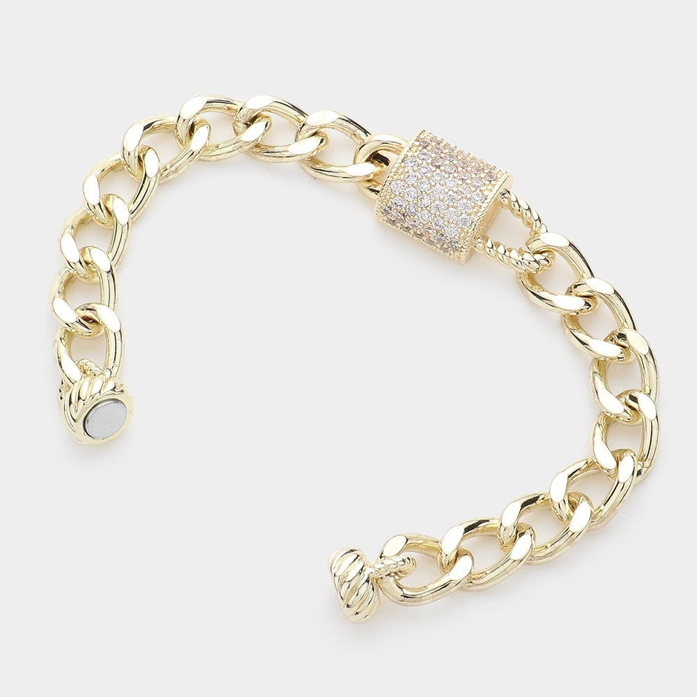14K Gold Plated Women’s Chain Bracelet CZ Stone Paved Lock Magnetic Jewelry Gift