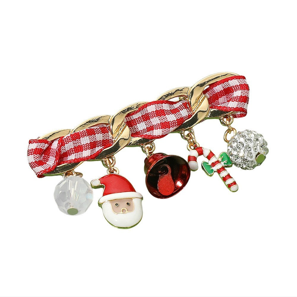 Santa Holiday Charm Brooch Pin Gold-Tone Christmas Ribbon Enamel Rhinestone