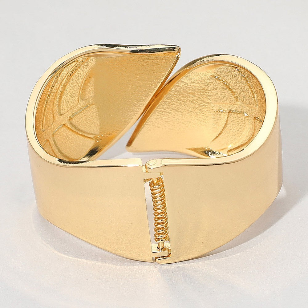 Gold Leaf Bracelet White Enamel Cutout Design Hinged Closure Botanical Statement